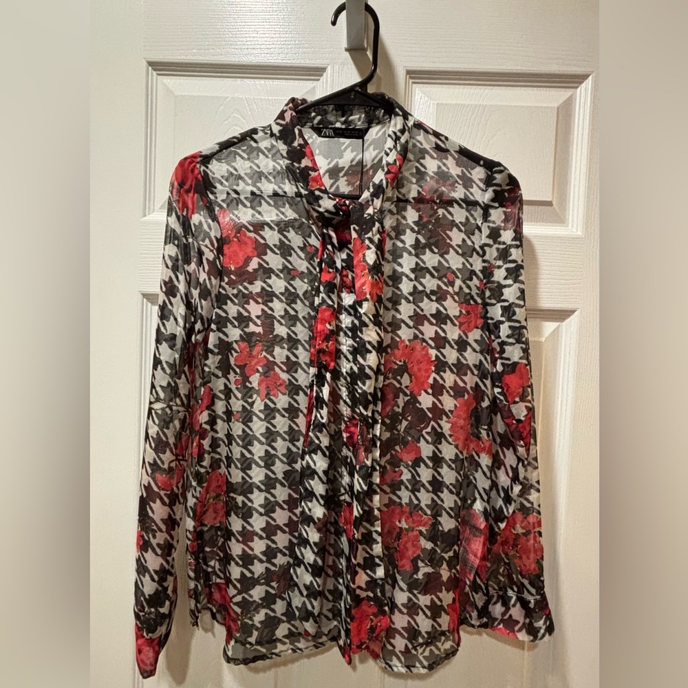 Zara sheer houndstooth floral blouse